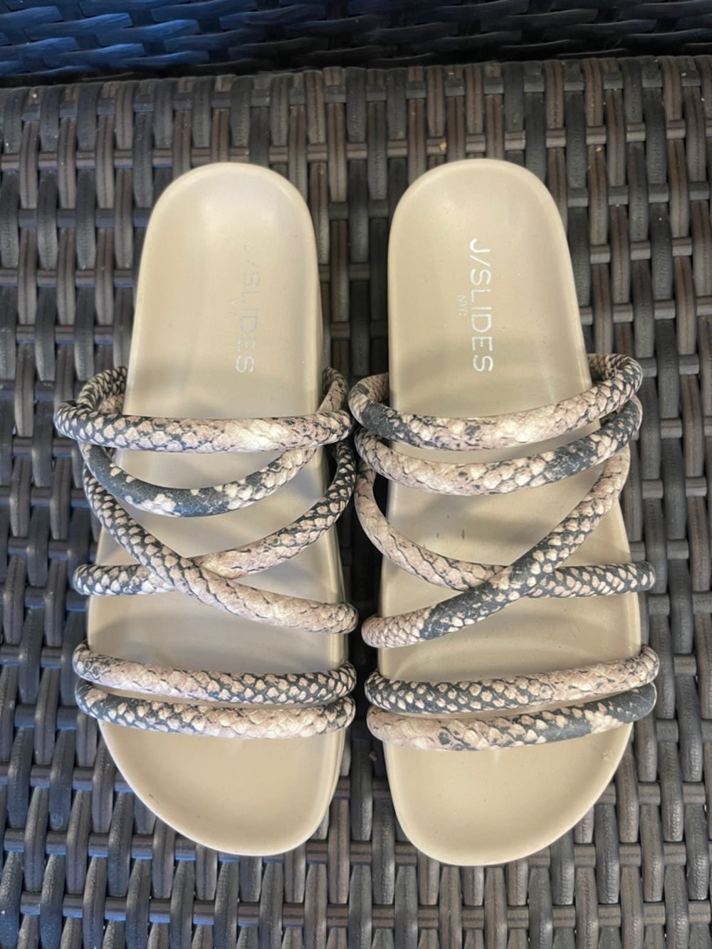 J/SLIDES Beige and Gray Snake-Print Strappy Slide Sandals
